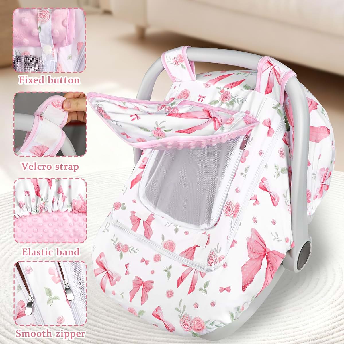 Jundetye Pink Rose Infant Car Seat Cover With Dual Windows (photo 4)
