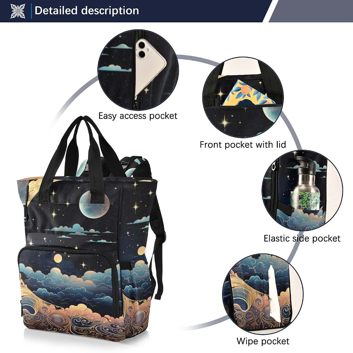 ZENWAWA Art Moon Cloud Diaper Backpack with Insulated Bottle Insert and Stroller Straps