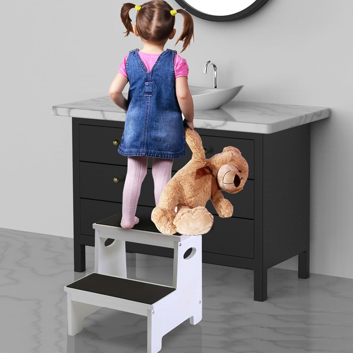 SUQANACY Kids Step Stool White Stepping Stool 2 Step Stools for Toddlers Bathroom Kitchen Counter Sink Wooden Step (photo 4)