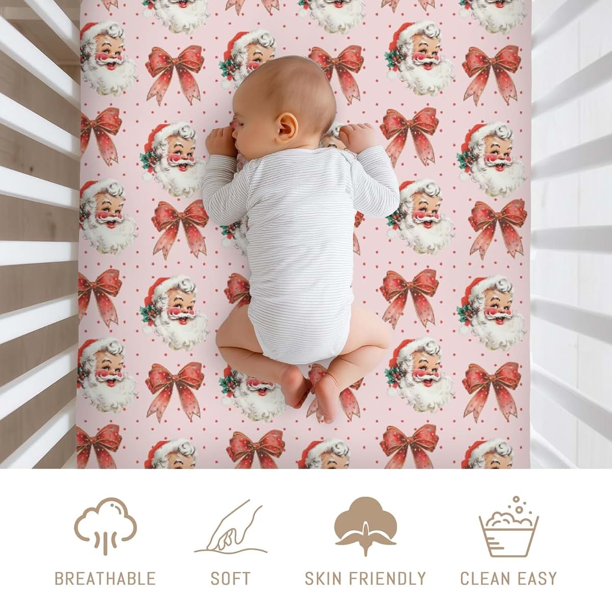 Selgkds Vintage Merry Christmas Santa Bows Baby Crib Sheet (photo 4)