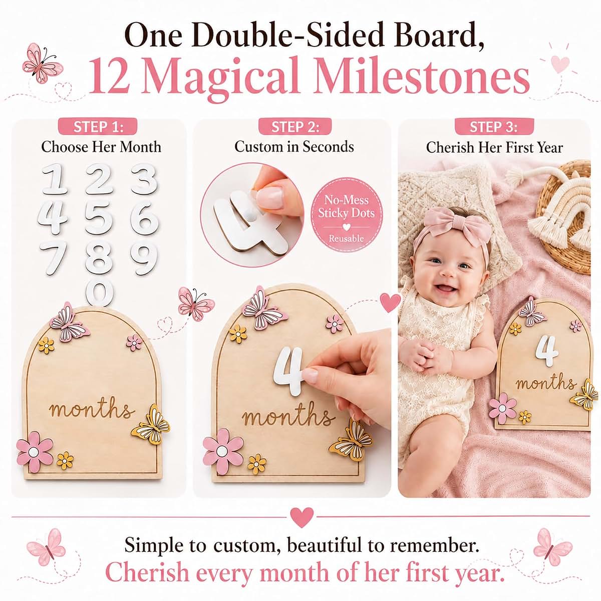 Whimoxa Wooden Baby Monthly Milestone Signs With Butterfly And Flower Design (photo 4)