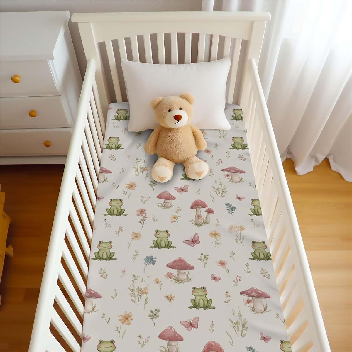 Wicbfdfv Frogs Butterflies Mushroom Wildflowers Fitted Crib Sheet (photo 4)