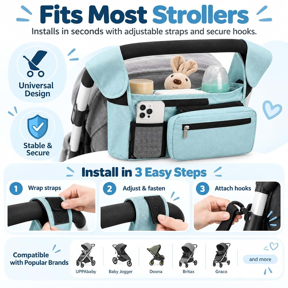 Homefy Stroller Organizer with Insulated Cup Holders, Universal Blue (photo 4)