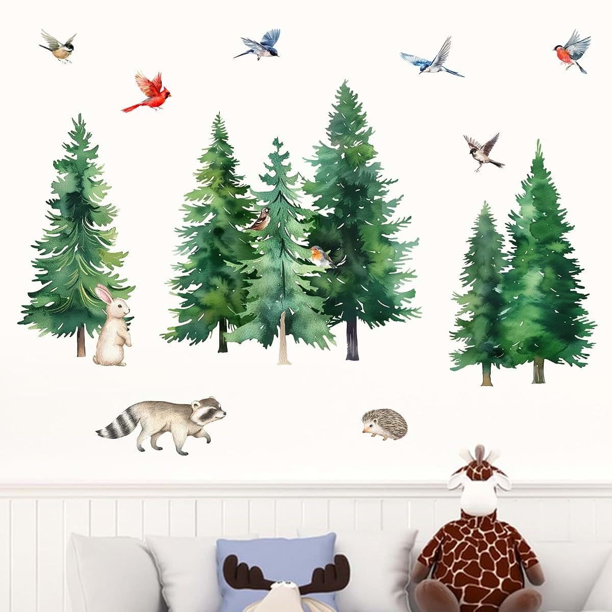 Mfault Watercolor Forest Animals Wall Decals – Woodland Birds Raccoon Hedgehog Nursery Decor