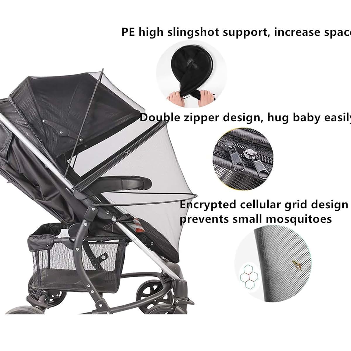 BabyOneStop Universal Stroller Mosquito Net with Dual Zipper and PE Support, Black, 110cm