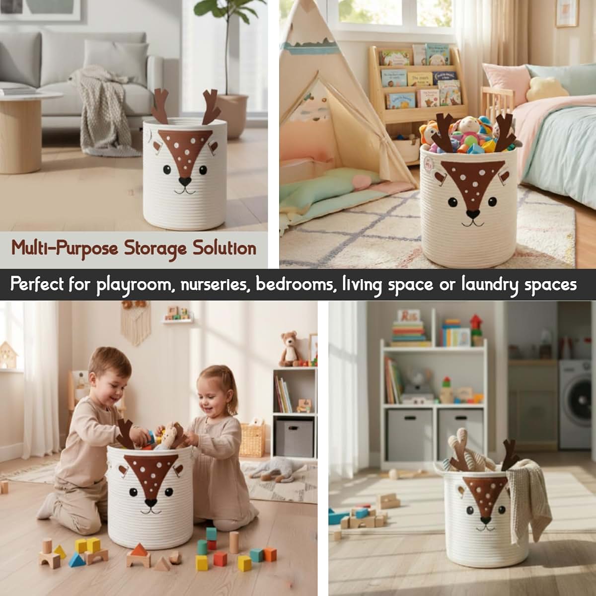 Jolijay Kids Laundry Basket Hamper & Toy Storage Organizer | Large Deer Woven Cotton Rope Bin for Stuffed Plushies (photo 4)