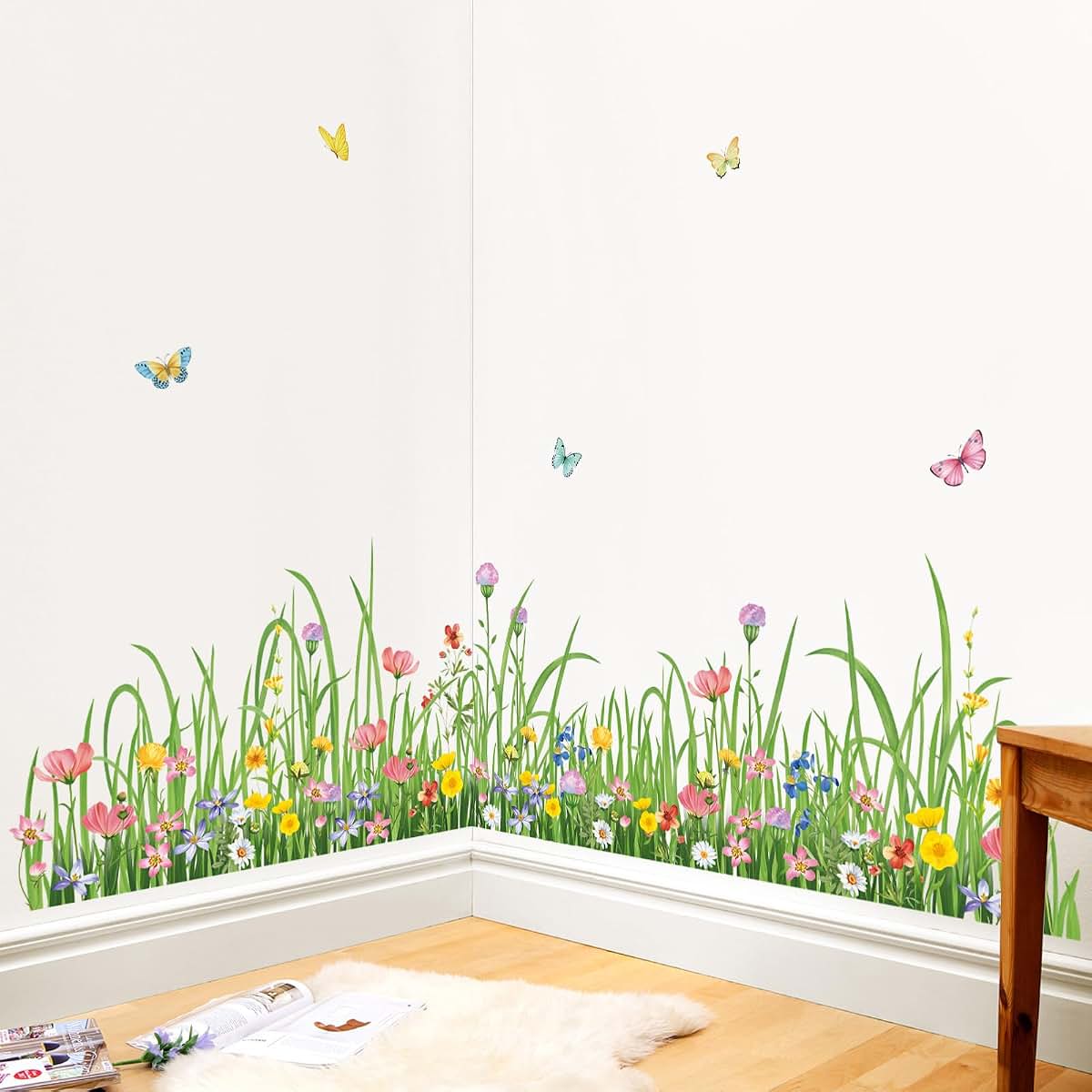 wondever Green Grass Floral Wall Decals Wildflower Wall Corner Stickers