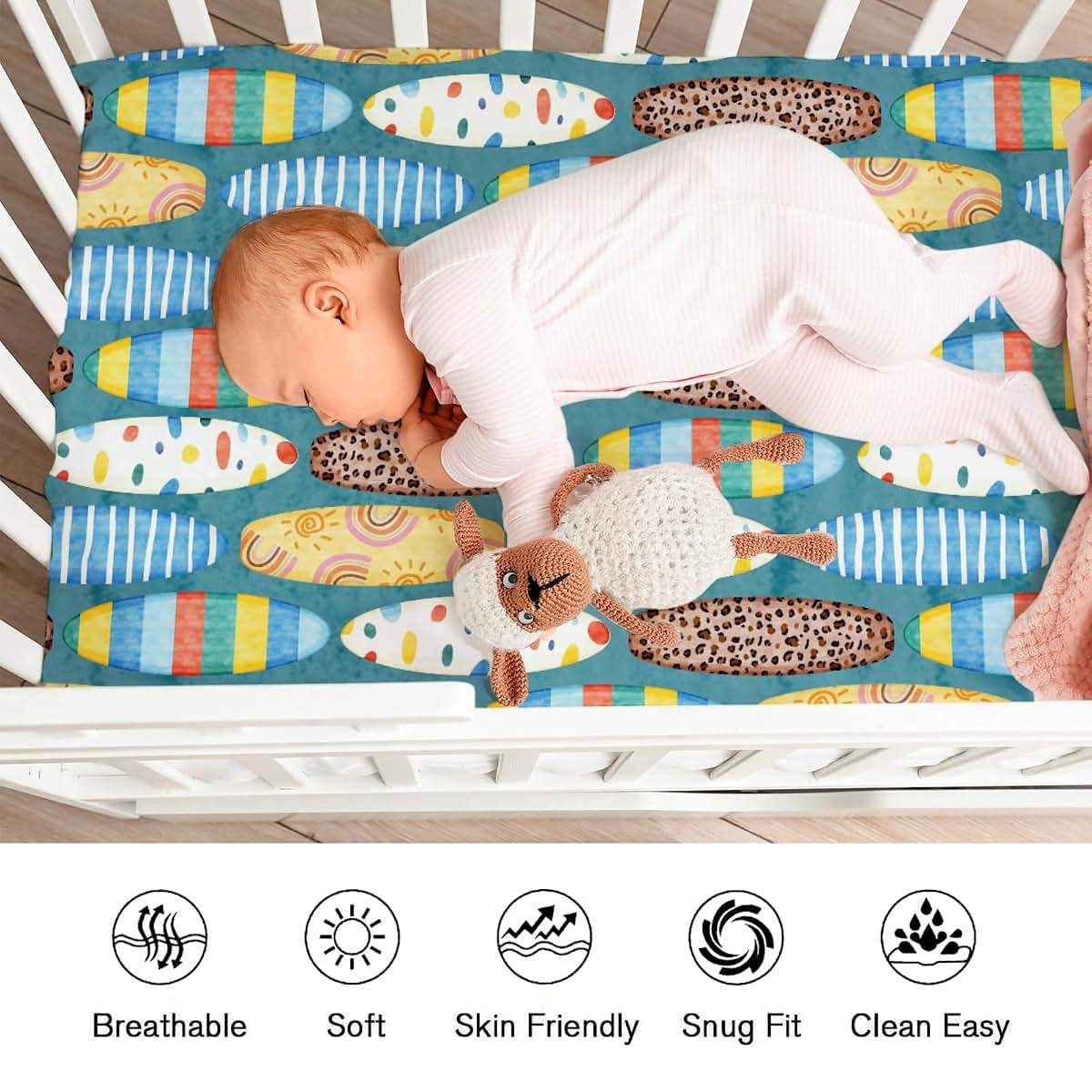 Boho Surfboard Crib Sheets for Standard Crib Mattress - 52" x 28" Fitted Bedding