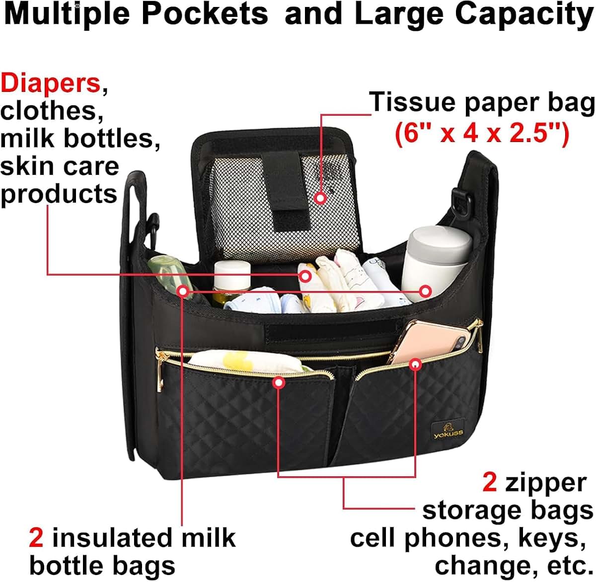 Yokusa Universal Stroller Organizer Bag with Insulated Bottle Pockets, Black