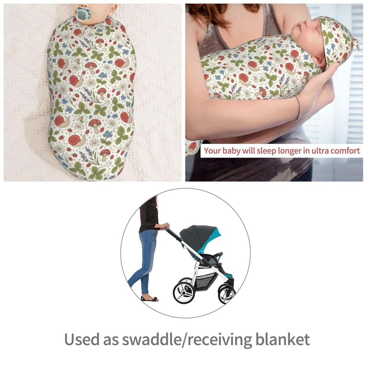 Muishi Swaddle Blanket and Hat Set for Newborns | Wild Strawberry Print