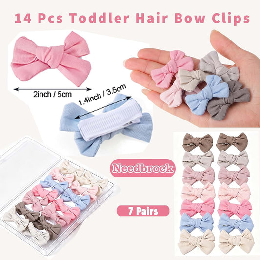 Needbrock 14-Piece Toddler Hair Bow Clips Set In Cotton Linen