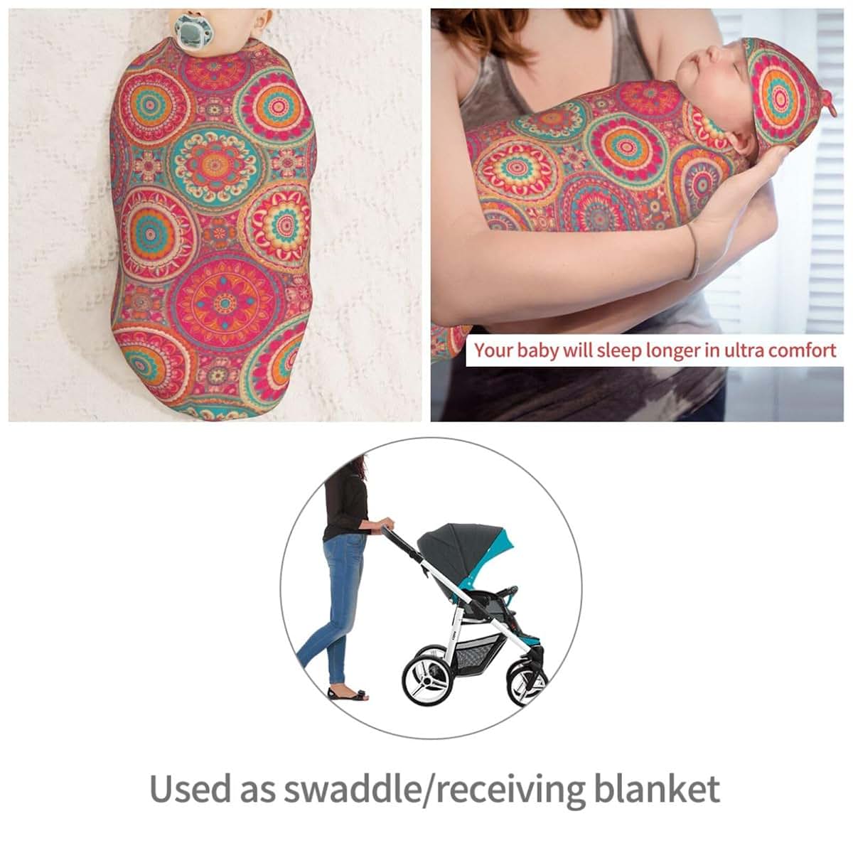 Muishi Mandala Swaddle Blanket and Hat Set for Newborns