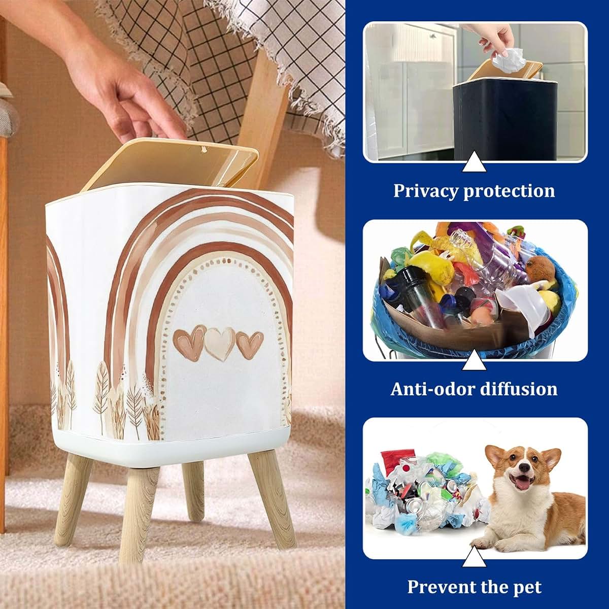 PHAIBHKERP Scandinavian Boho Rainbow Print Trash Can With Lid (photo 4)