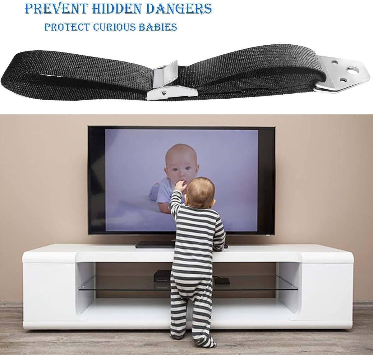Heavy Duty Metal Anti Tip Straps - Adjustable Furniture Wall Anchors for Baby Proofing, Pack of 2