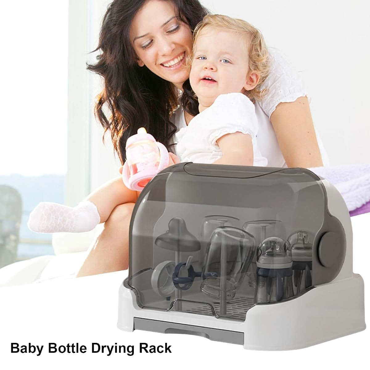 Biniveil Baby Bottle Drying Rack with Lid and Removable Drain Tray, Gray