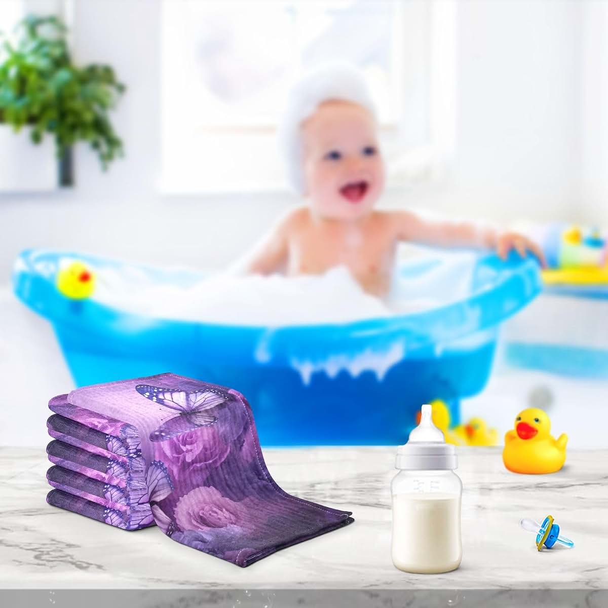 Purple Flowers and Butterfly Cotton Washcloths for Newborn Bath Time