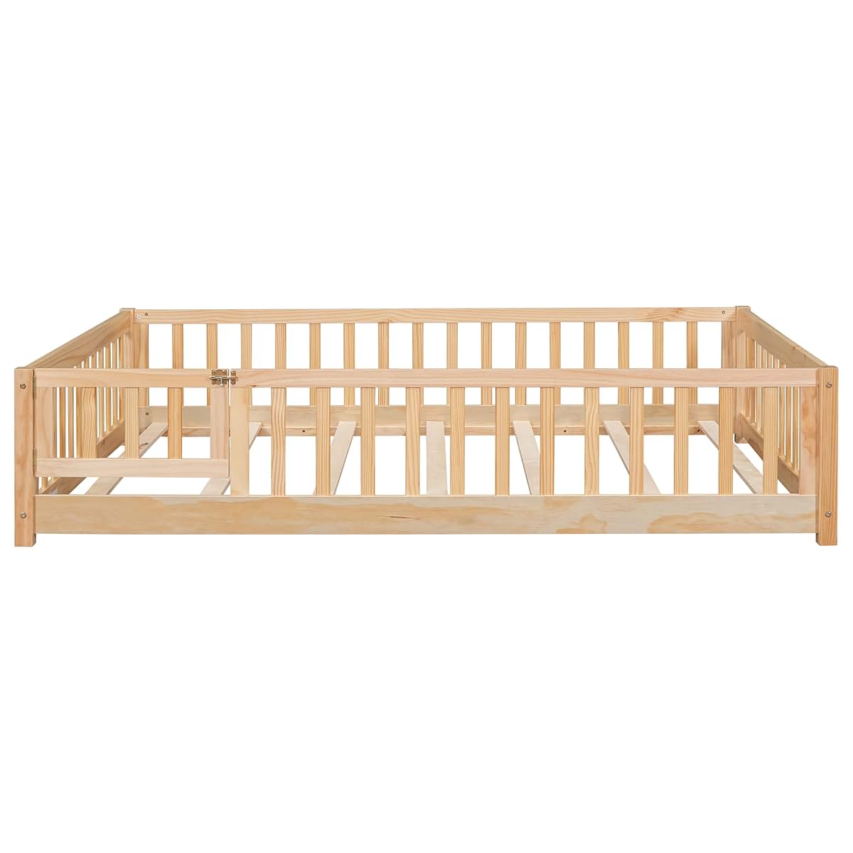 NCKMYB Full Size Toddlers Montessori Bed with Fence, Wooden Floor Bed Playpen with Doors, Kids Play Bed with Guardrails