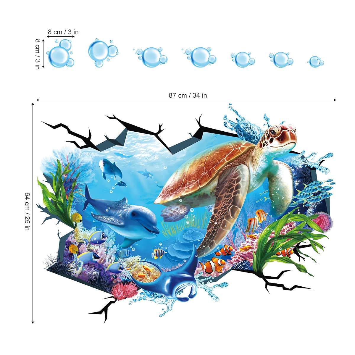 wondever 3D Turtle Under The Sea Wall Decals Ocean Dolphin Wall Stickers