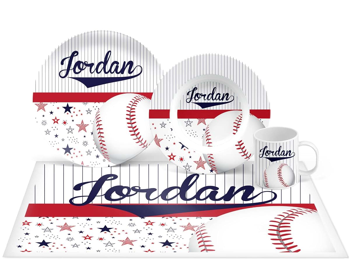 INKtropolis Personalized Baseball Plate Set, Bowl, Placemat, Mug, Mealtime, Dinner, Dinnerware - Choose Your Pieces