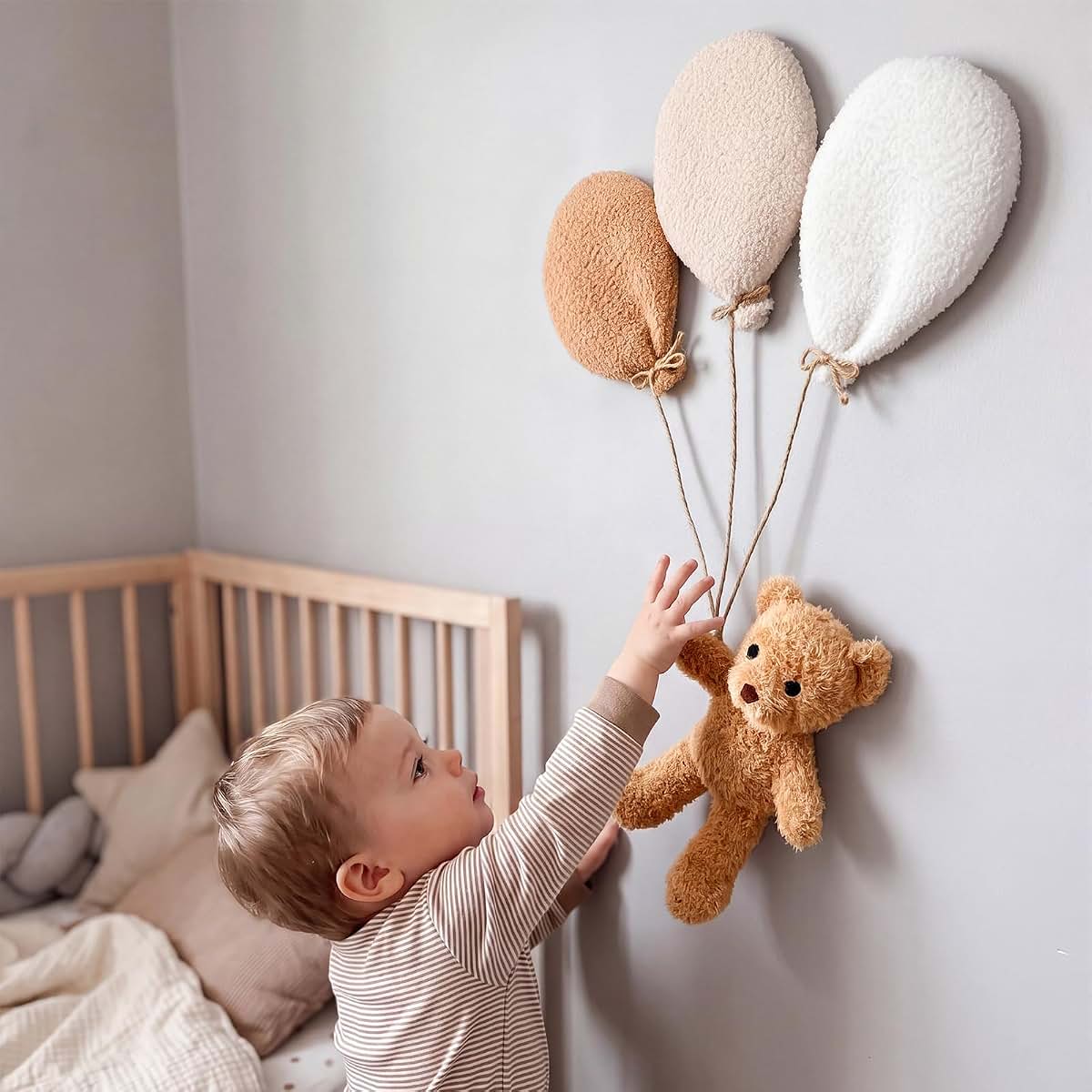 CrystalSylara Teddy Bear Nursery Wall Decor Boho Balloon Nursery Wall Art