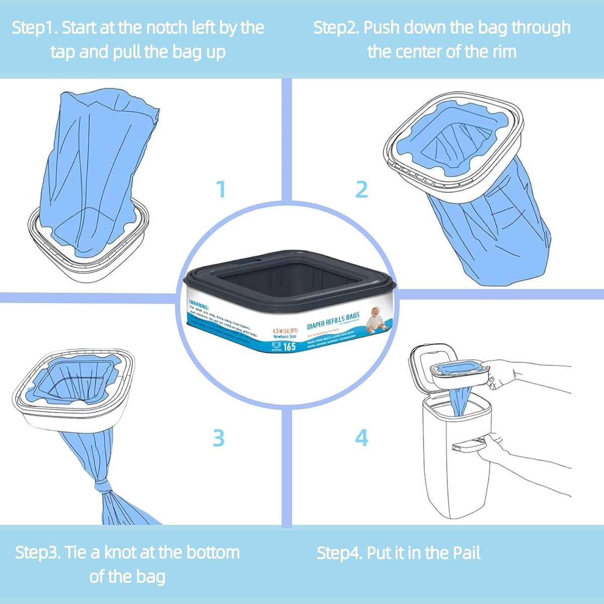 6-Pack Square Diaper Pail Refill Bags for Diaper Genie Classic, Compact, and Select Pails