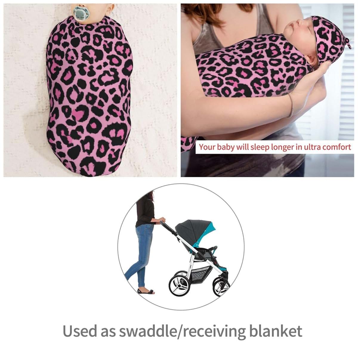 AuHomea Leopard Print Newborn Swaddle Blanket with Beanie Set, Adjustable Polyester Wrap for 0-6 Months