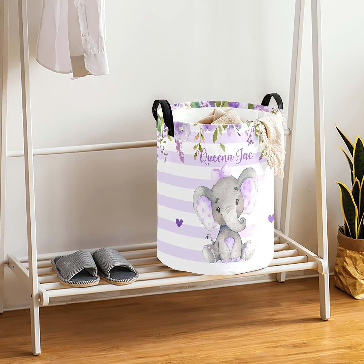 Joyestore Lavender Elephant Striped Storage Bin, Waterproof Oxford Fabric Clothes Basket Organizer for Laundry (photo 4)