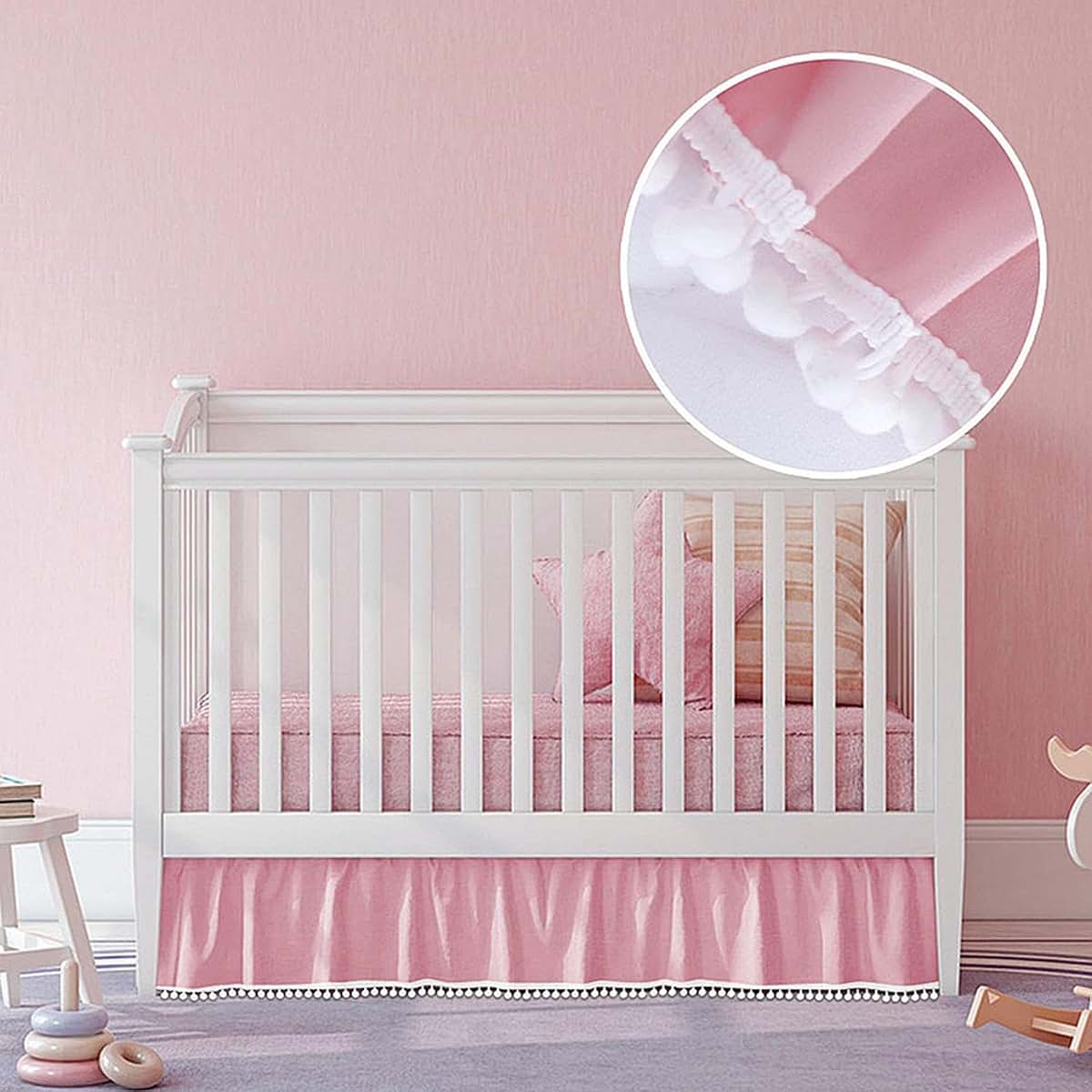 Pleated Microfiber Crib Bed Skirt with Pompoms for Nursery Decor