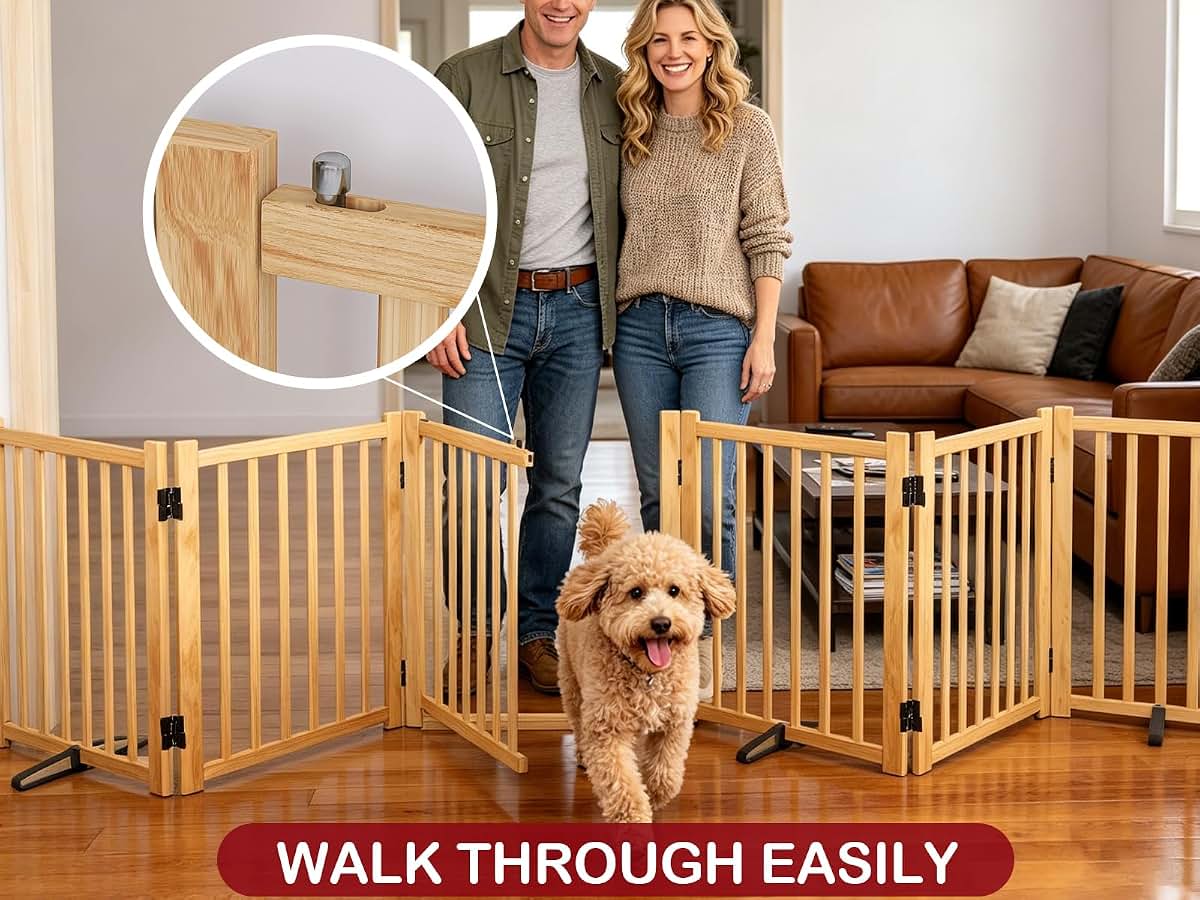 Oapety Wooden Freestanding Dog Gate with Door, 23 Inch Height 8 Panels Indoor