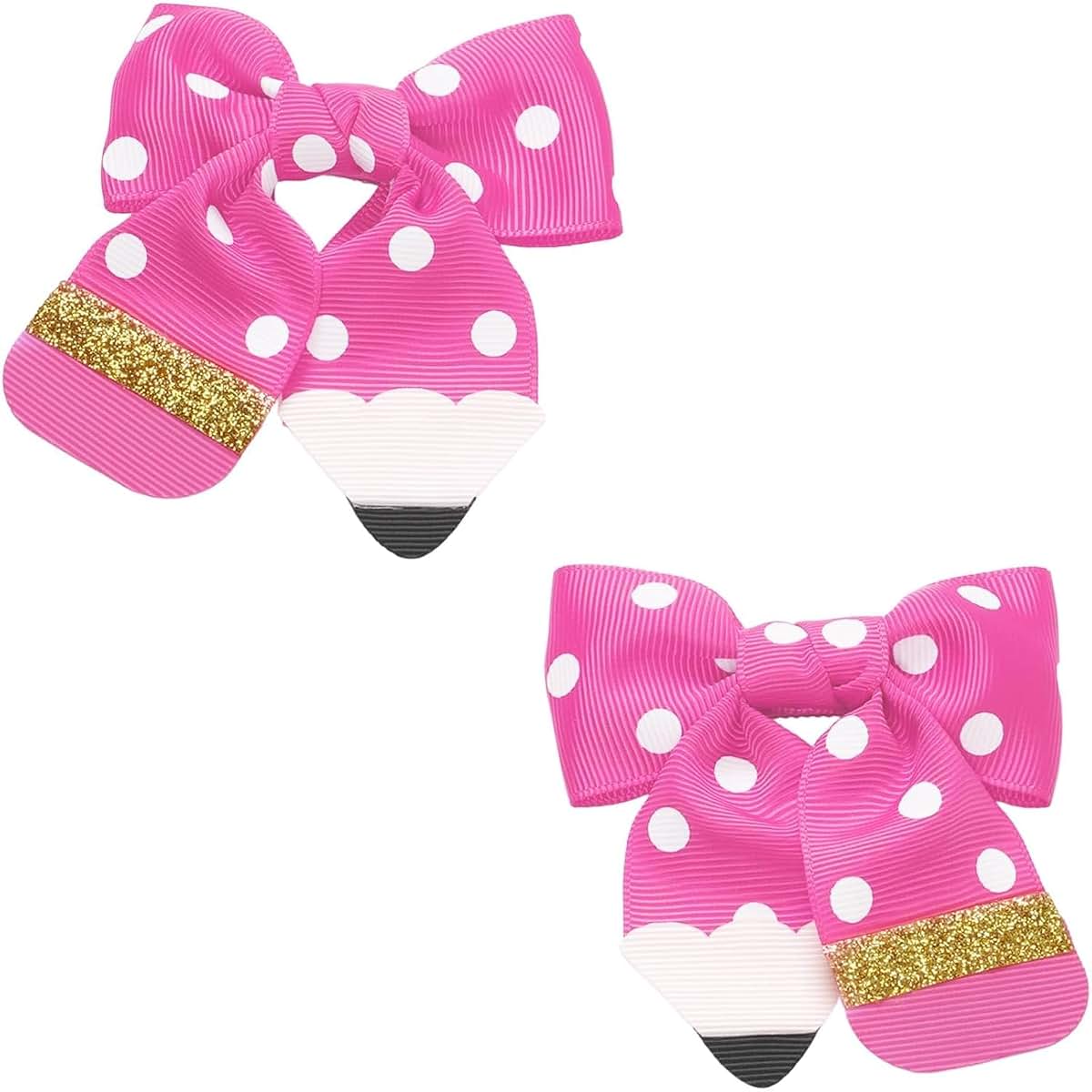 Nuvcelka Pink Polka Dot Hair Bow With Pencil Shape And Metal Clip