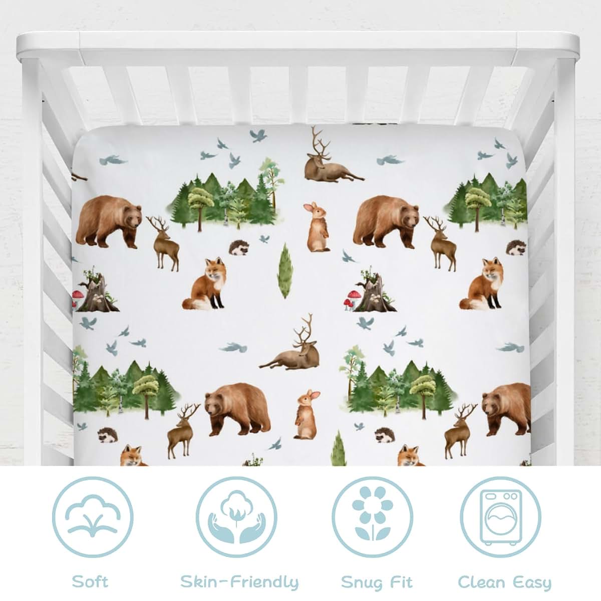 Cute Animals Green Trees Fitted Crib Sheet 28'' X 52'' Stretchy Fabric