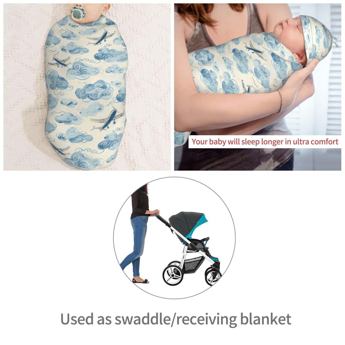 Muishi Hand Drawn Blue Airplanes Newborn Swaddle Blanket And Hat Set