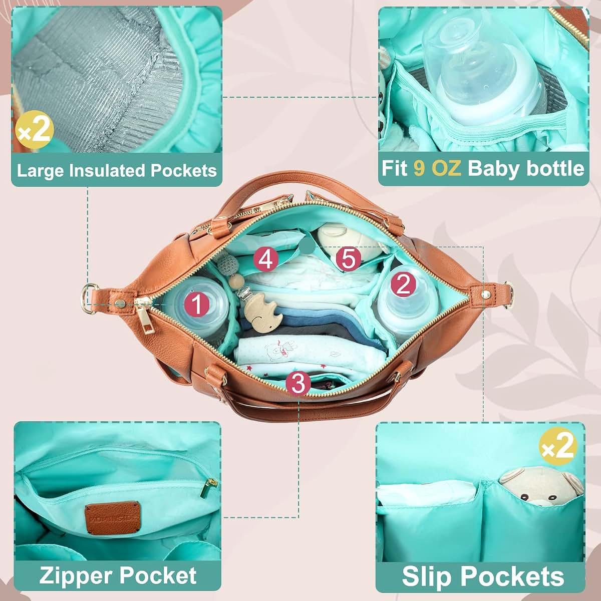MOMINSIDE Small Diaper Bag Tote with 13 Pockets for Mom