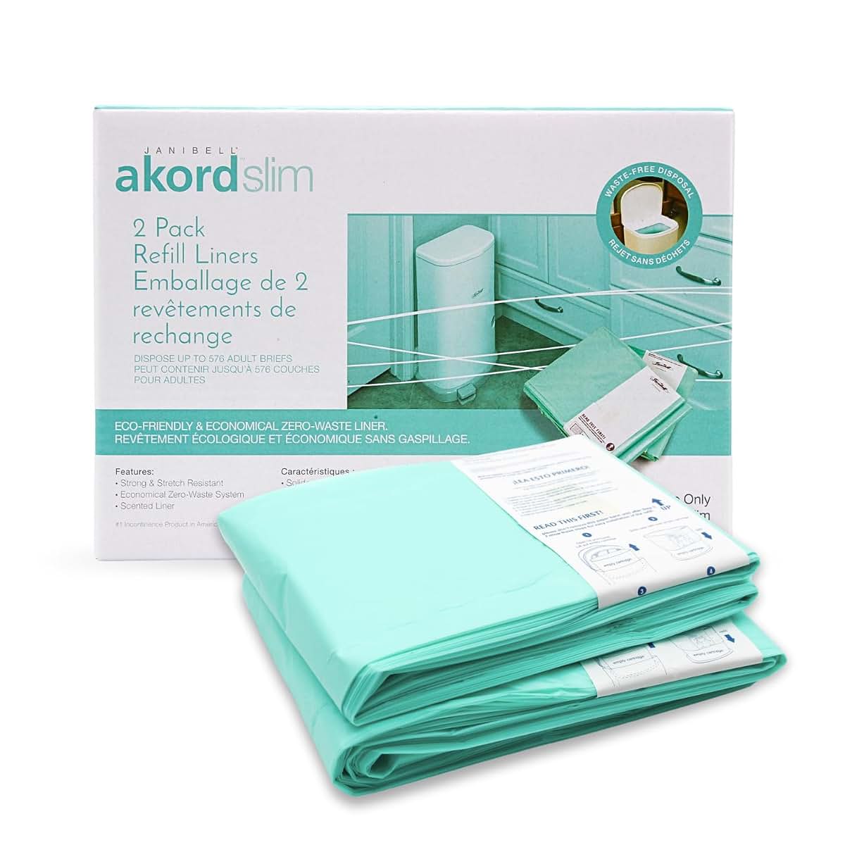 Janibell Akord Slim Adult Diaper Pail Refill Liners, 2 Count, Odor Locking, Fits Akord 280