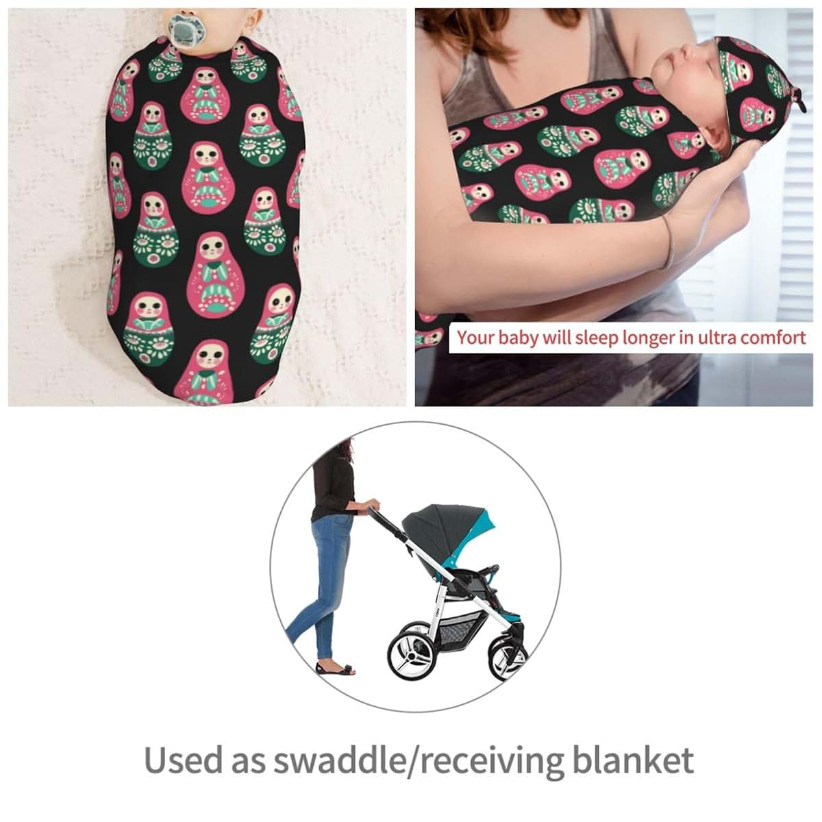 Muishi Pink Russian Dolls Swaddle Blanket and Hat Set for Newborns
