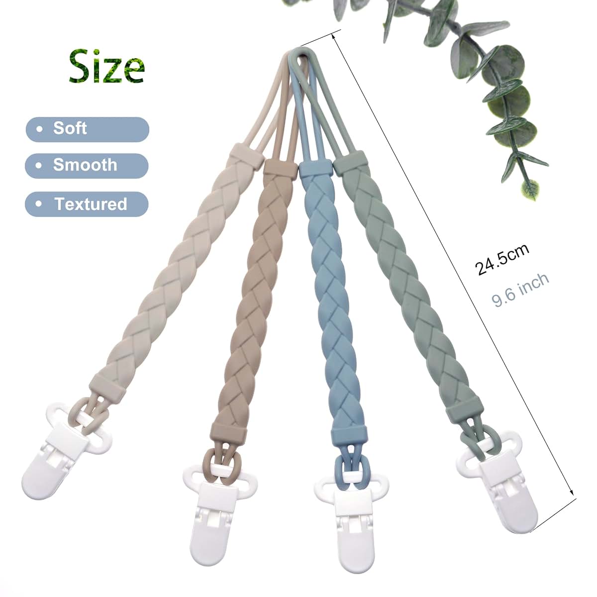 BabyOneStop 4-Pcs Silicone Braided Pacifier Clip Holder for Newborns