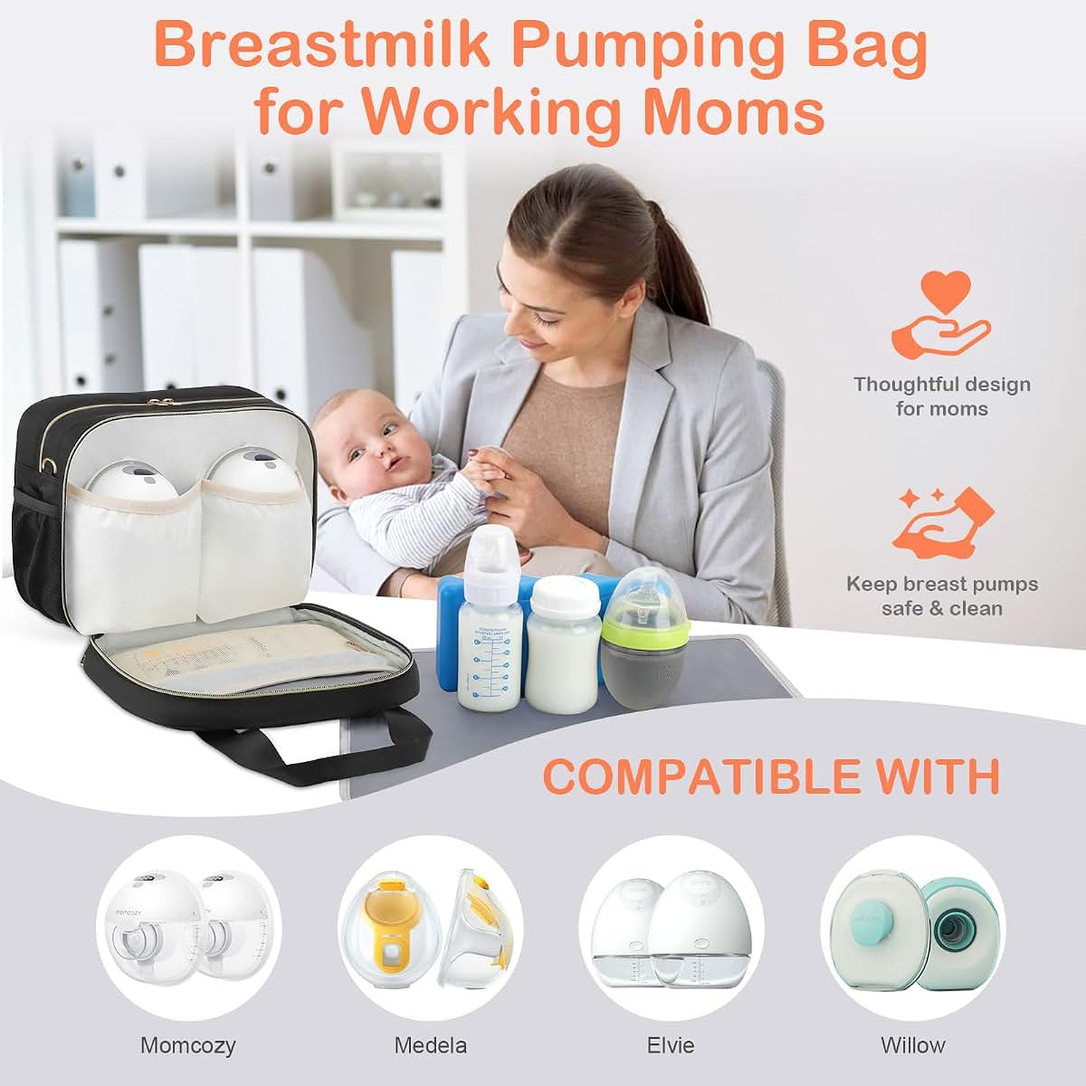 Baoong Breastmilk Cooler Bag with Ice Pack, Black