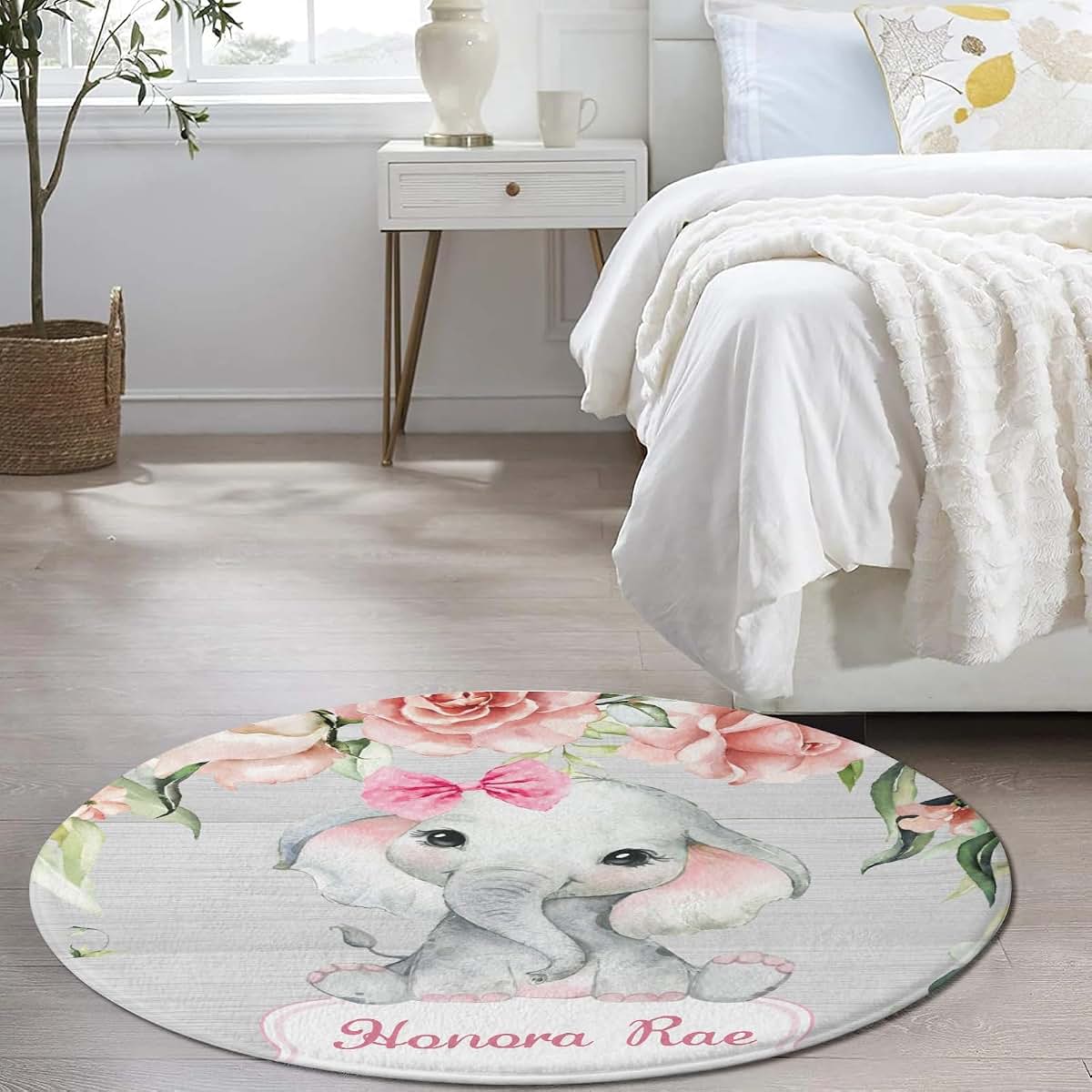 Joyestore Personalized Pink Girl Elephant Flower Custom Round Area Rug Baby Crawling Floor Mats Gifts for Boys Girls