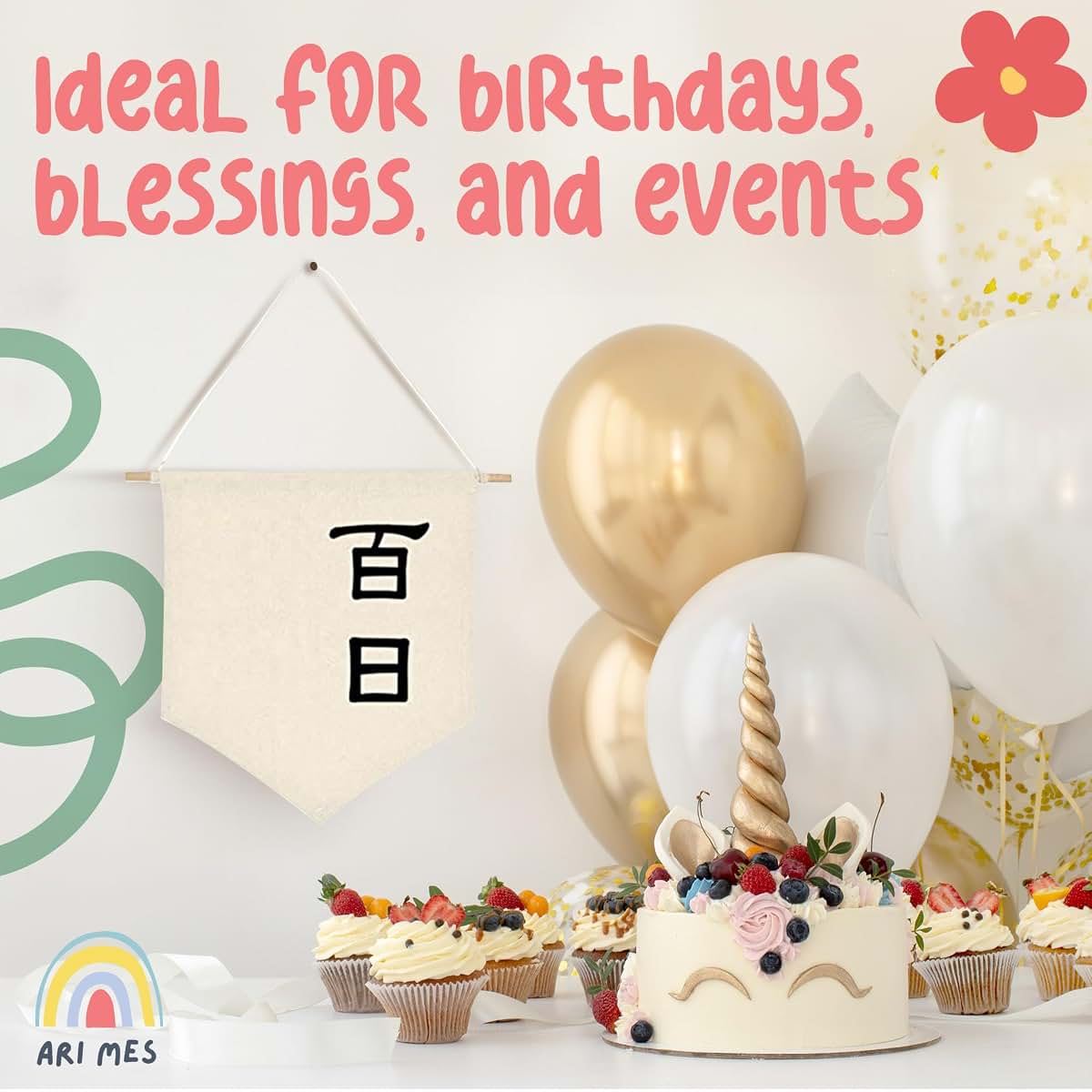 ARI MES 100 Days Celebration Canvas Flag Banner Chinese Baby Decor