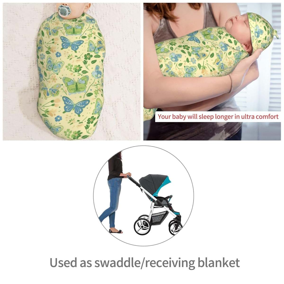 Muishi Butterflies Swaddle Blanket and Hat Set for Newborns