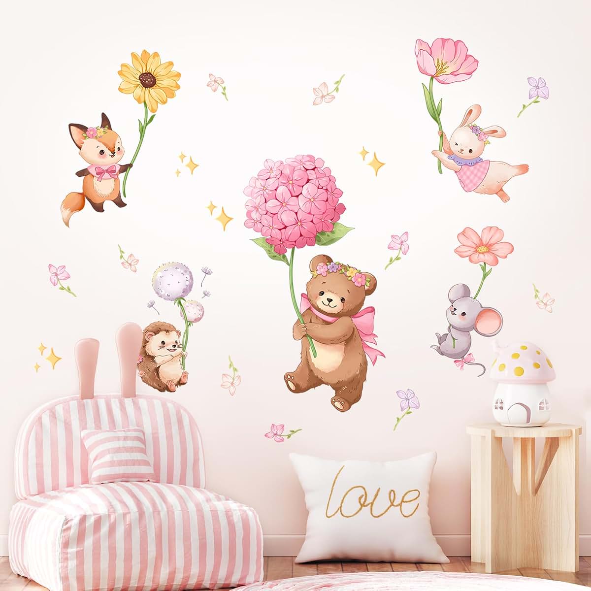 Decvictor Pink Cartoon Animal Wall Decals for Girls Bedroom