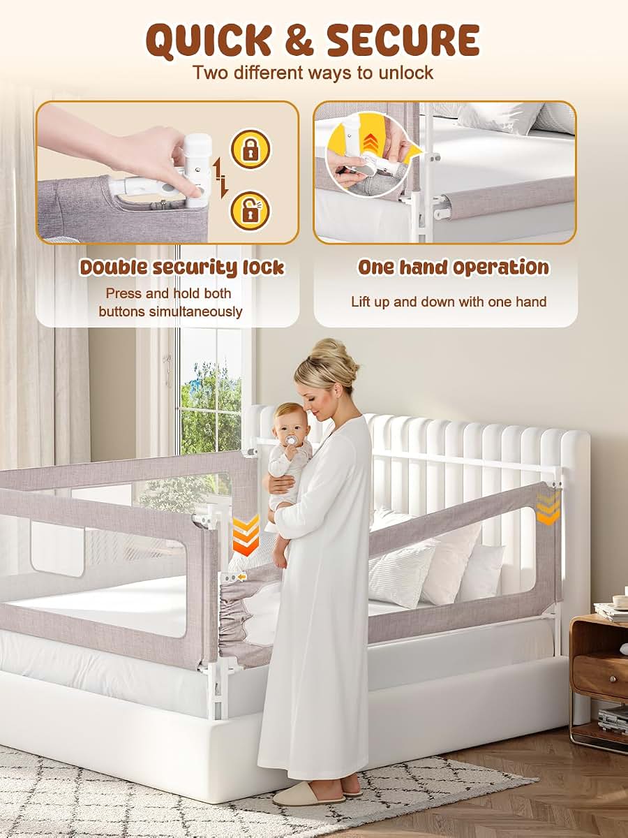 VBABY 3-Piece Bed Rails for Queen Bed, Adjustable Height Toddler Rail, Grey