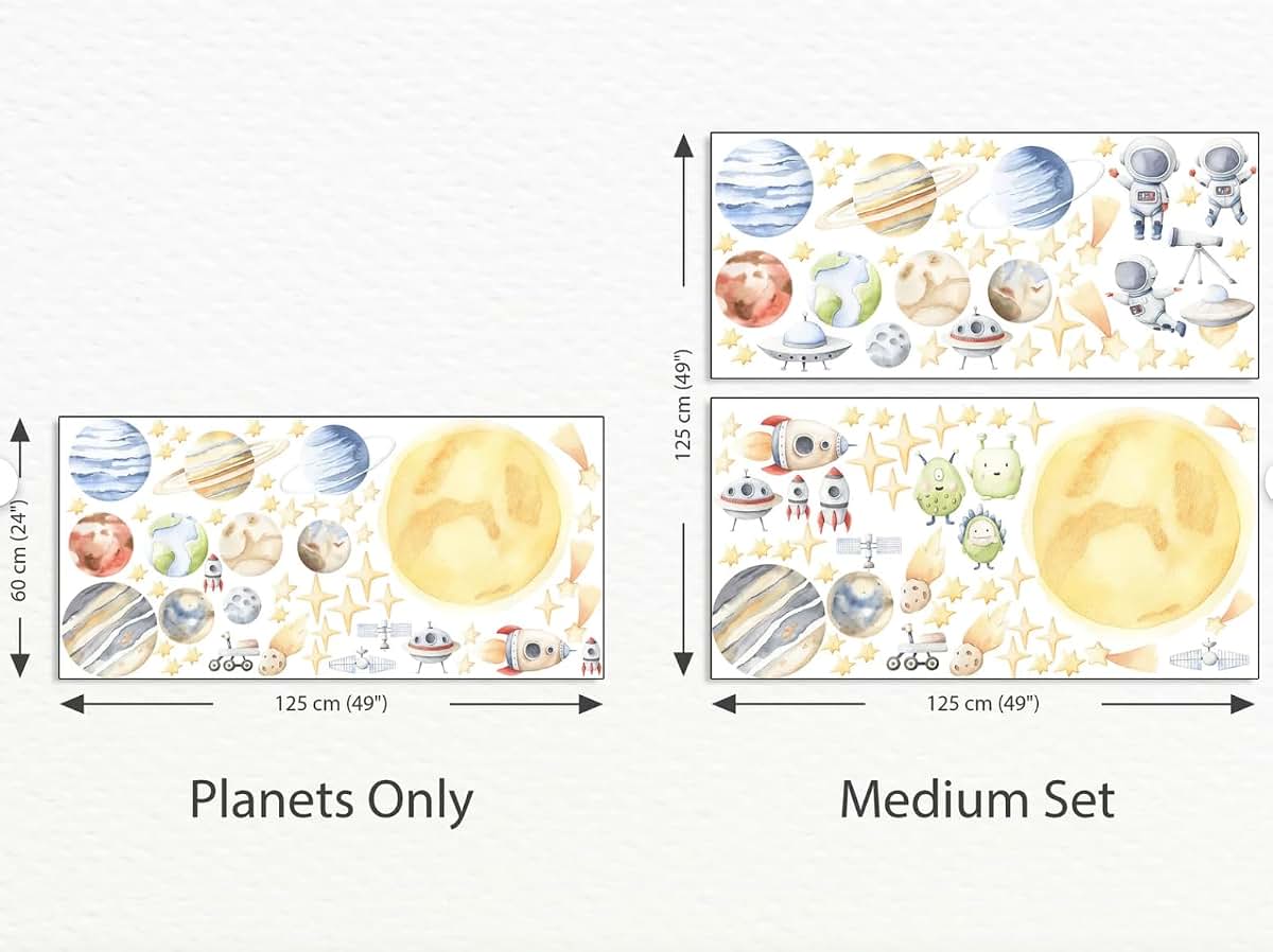 BabyOneStop Space Wall Decal for Kids Room, Solar System Planets Rocket Vinyl Mural, Large