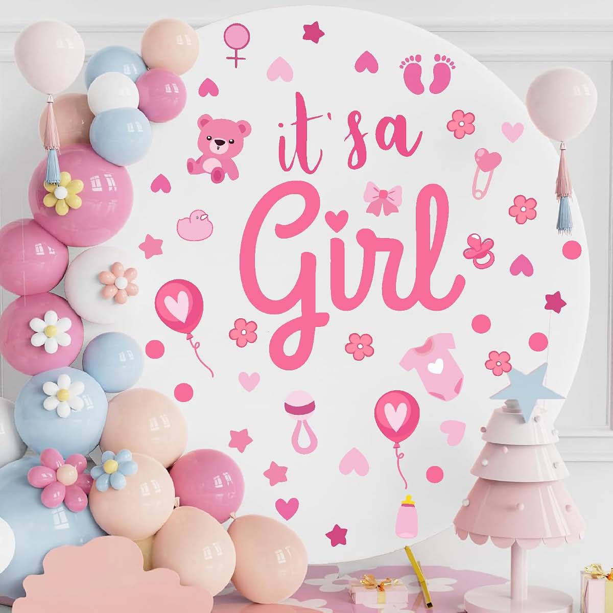 BabyOneStop Pink Girl Gender Reveal Party Backdrop Wall Decals