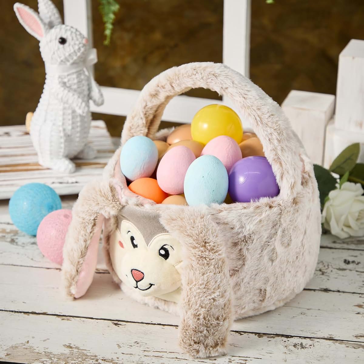 TRURENDI Easter Basket for Kids Cute Plush Easter Plush Basket Easter Plush Basket Egg Hunting Bags Easter Decorations