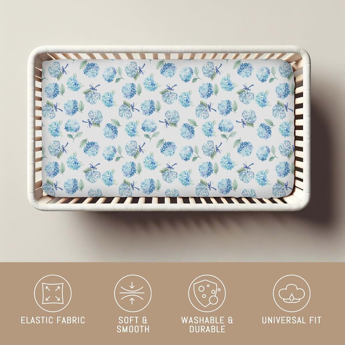 Selgkds Blue Hydrangea Bows Baby Crib Sheets for Boy Girl Preppy Bows Floral Ribbon Soft Fitted Crib Mattress Covers