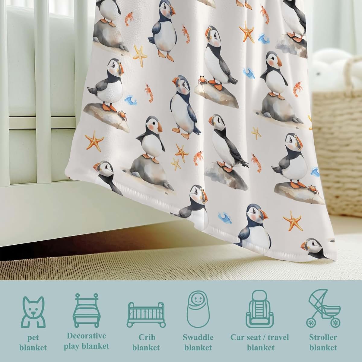 Wicbfdfv Cute Puffins Crabs Shrimp Starfish Baby Boy Girl Blankets Sea Waves Bird Animals Flannel Fleece Blanket (photo 4)