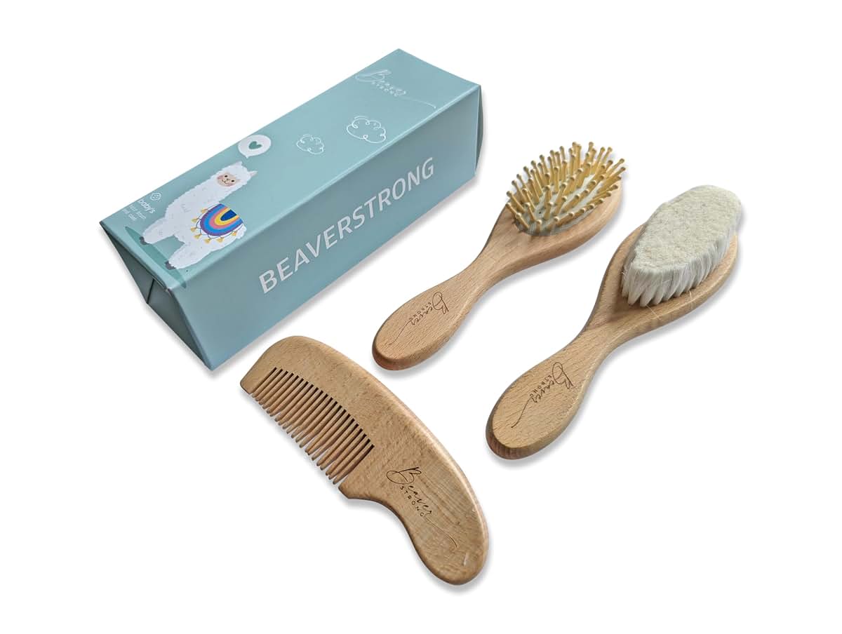 Gentle Care Wooden Baby Hair Brush and Comb Set by BeaverStrong - 2 Brushes and 1 Comb for Newborns - Soft Bristles (photo 4)
