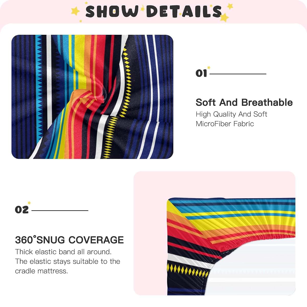 KEEPREAL Fitted Crib Sheet, Mexican Serape Blanket Stripes, 28x52 Inch