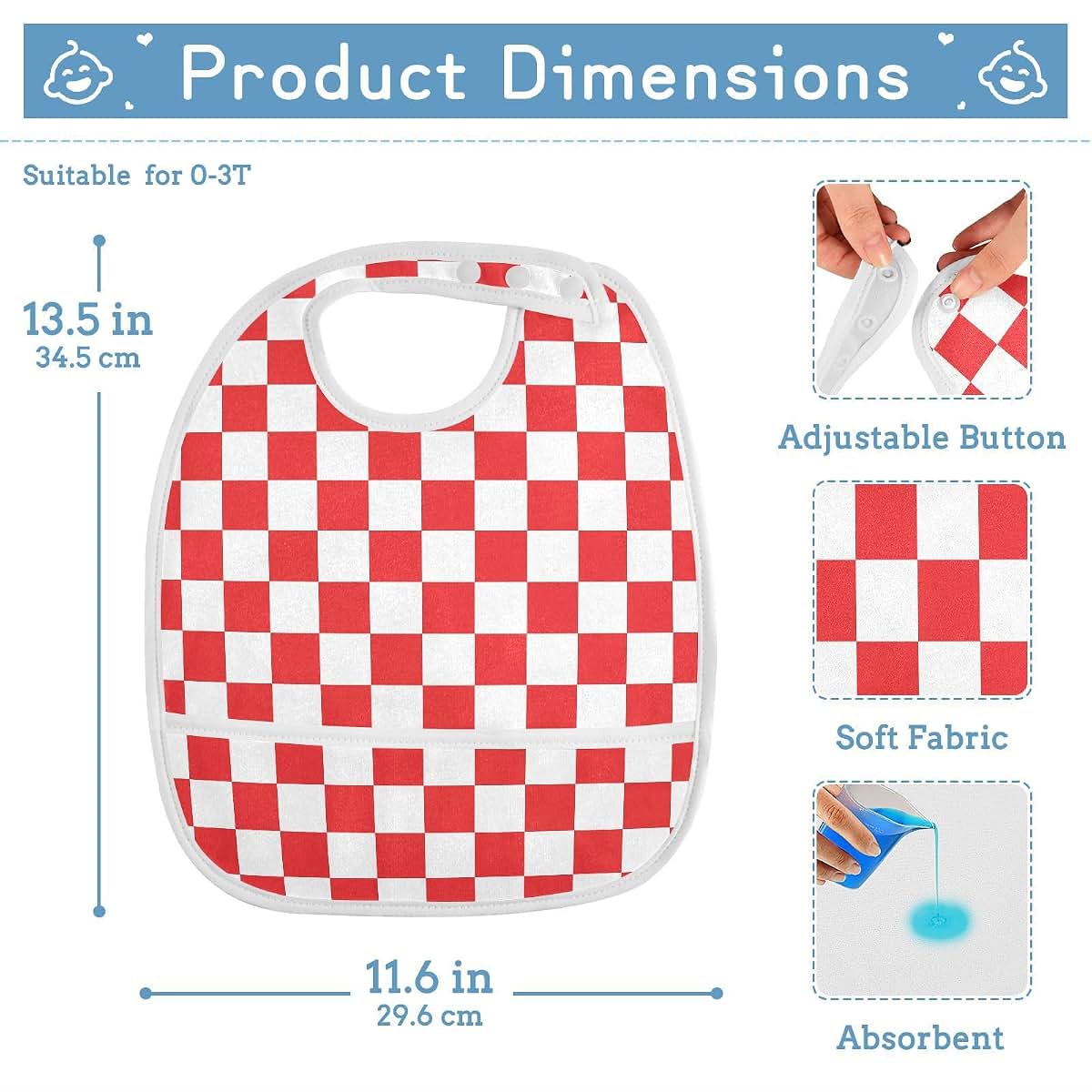 IHCVHQX Baby Feeding Bib with Catch-All Pocket and 3-Snap Closure, Red Checkered, 1 Pack